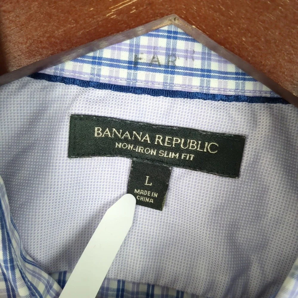 Banana Republic Mens Large Non-Iron Slim Fit Plaid Button Down Shirt Blue Purple